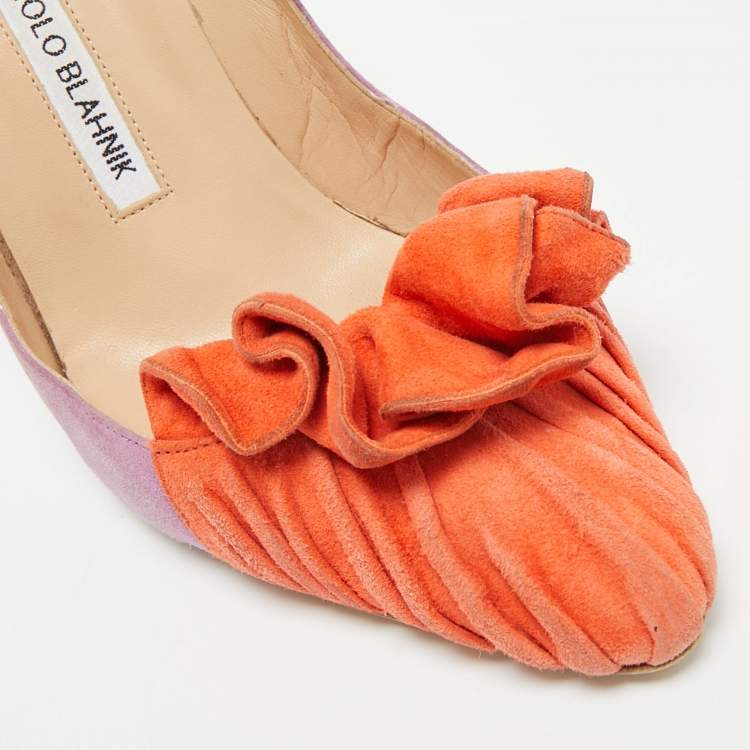 Pre Owned Manolo Blahnik Size 39 Purple/Orange Suede Ruffle Pumps