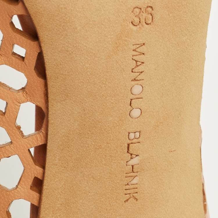 Pre Owned Manolo Blahnik BB Laserato Size 36 Tan Lasercut Leather Pumps