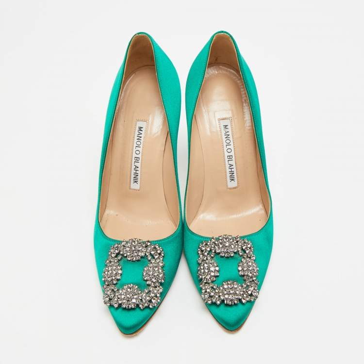 Pre Owned Manolo Blahnik Hangisi Size 35.5 Green Satin Pumps