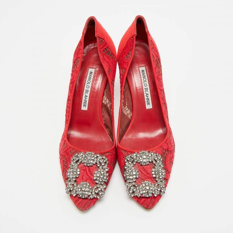 Pre Owned Manolo Blahnik Hangisi Size 36 Red Canvas and Lace Pumps