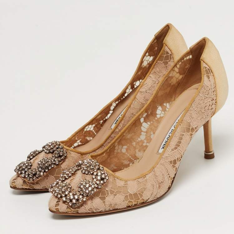 Pre Owned Manolo Blahnik Hangisi Size 36 Beige/Pink Fabric and Lace Crystal Embellished Pumps