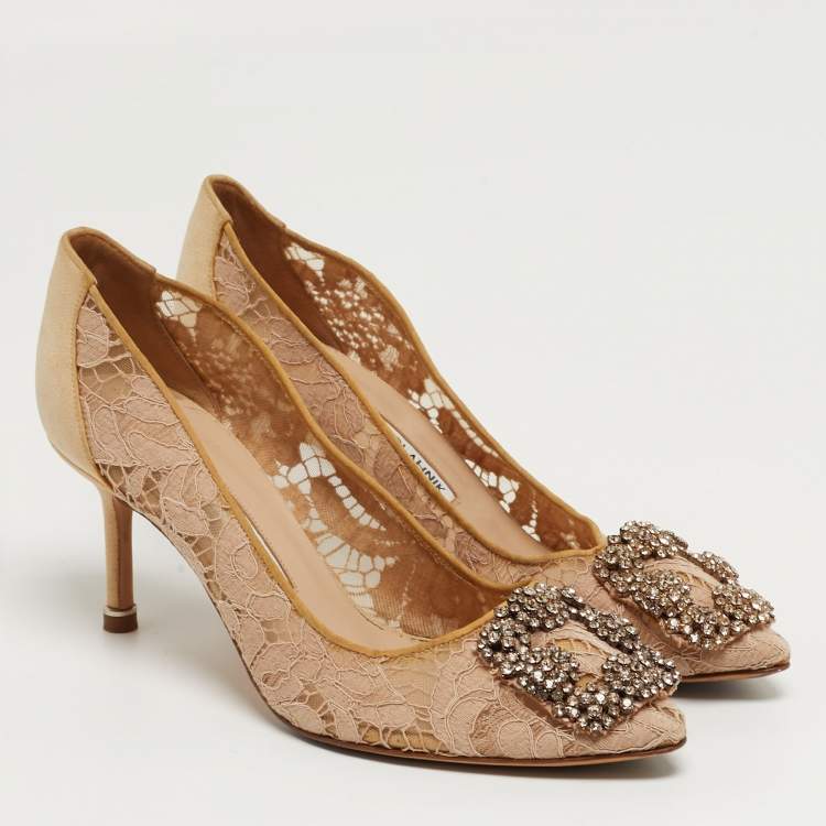 Pre Owned Manolo Blahnik Hangisi Size 36 Beige/Pink Fabric and Lace Crystal Embellished Pumps