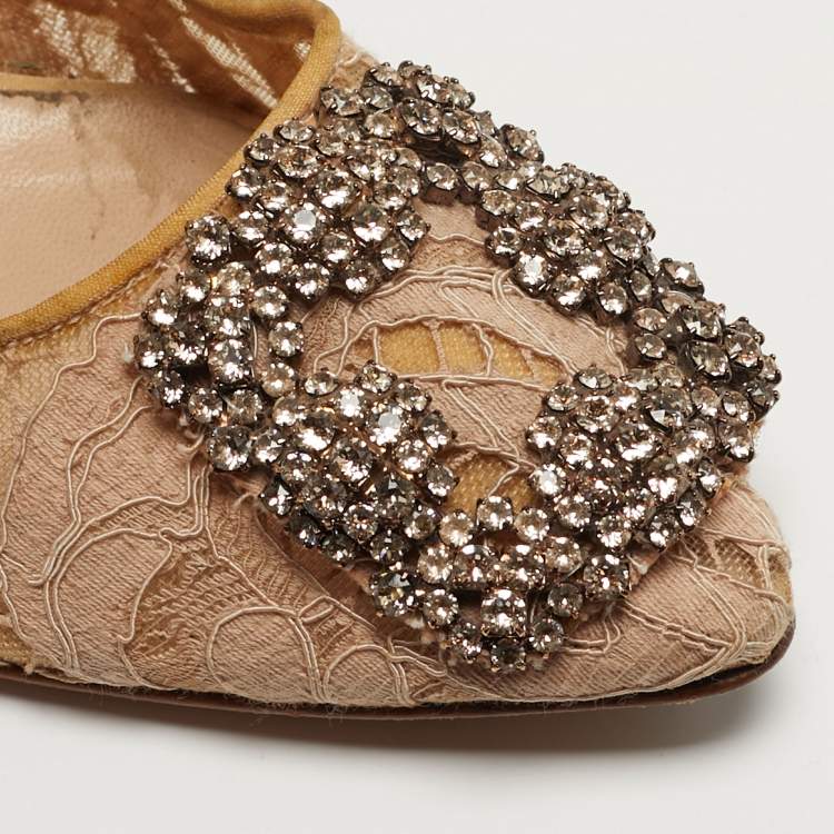 Pre Owned Manolo Blahnik Hangisi Size 36 Beige/Pink Fabric and Lace Crystal Embellished Pumps