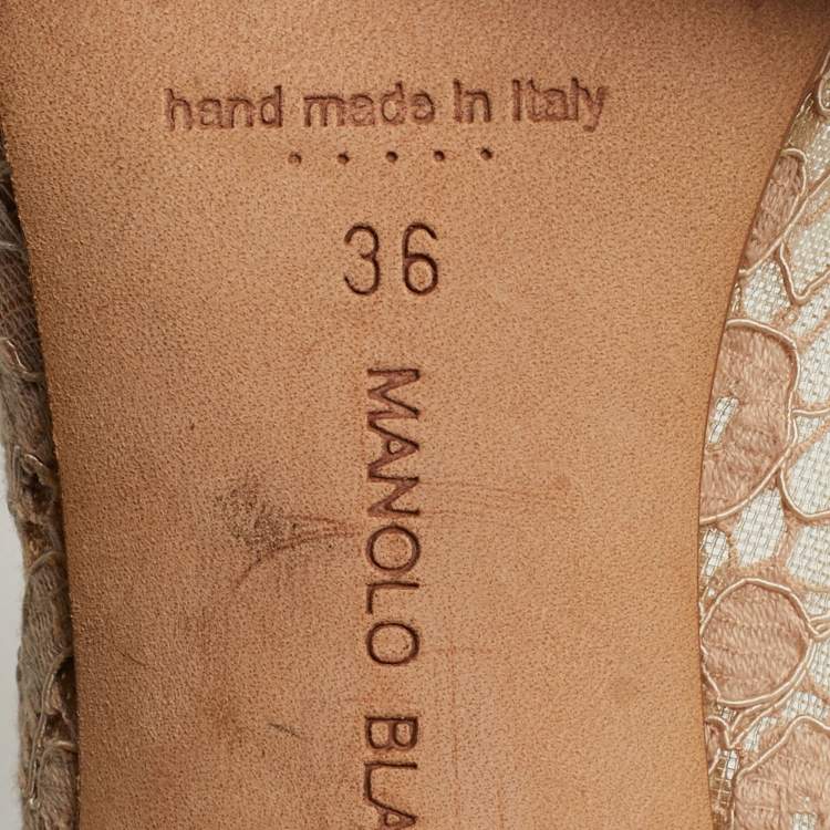 Pre Owned Manolo Blahnik Hangisi Size 36 Beige/Pink Fabric and Lace Crystal Embellished Pumps