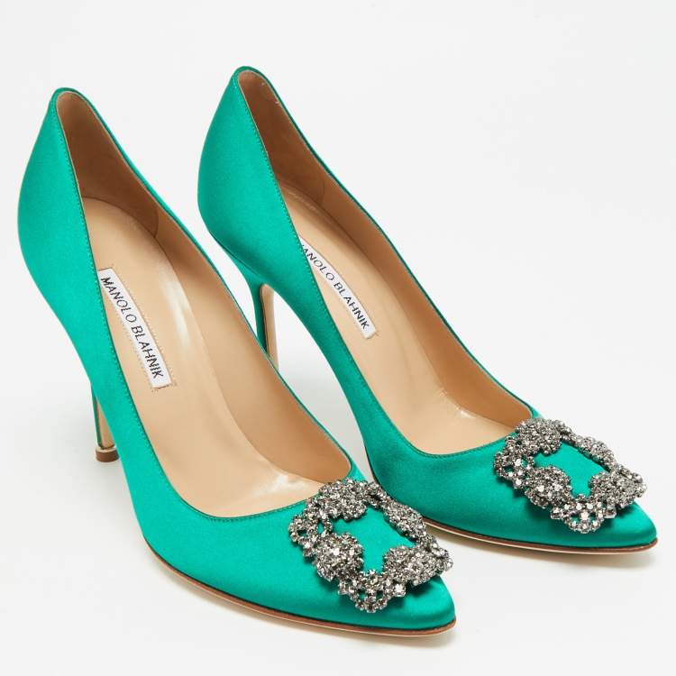 Pre Owned Manolo Blahnik Hangisi Size 39 Green Satin Pumps