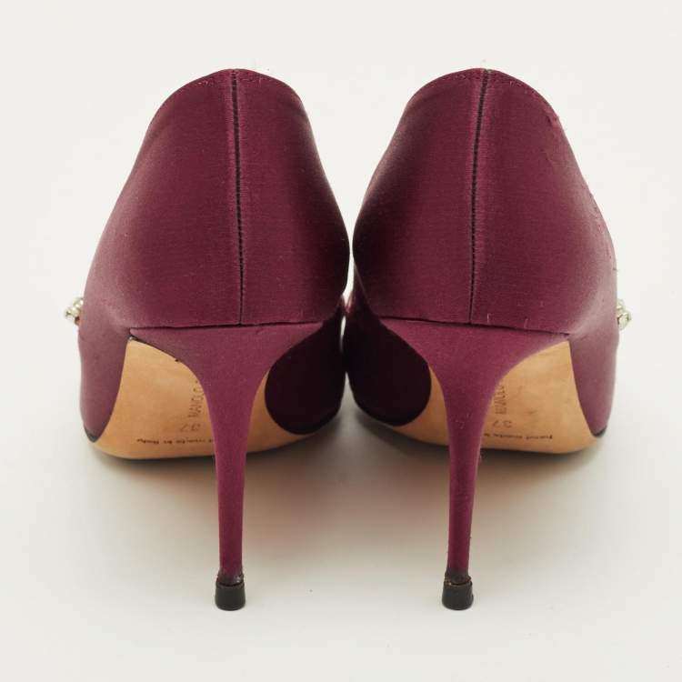 Pre Owned Manolo Blahnik Nadira Size 37 Burgundy Satin Crystal Embellished Pumps