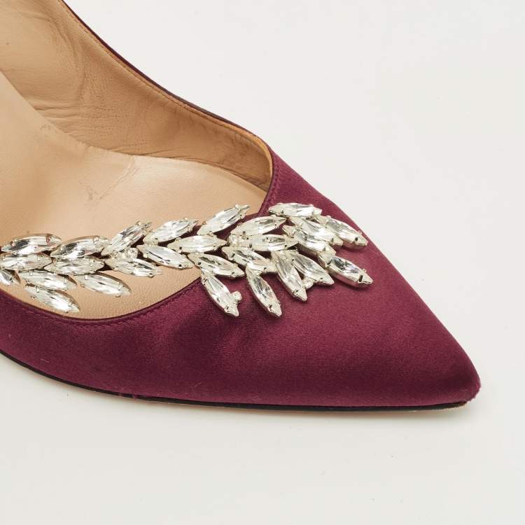 Pre Owned Manolo Blahnik Nadira Size 37 Burgundy Satin Crystal Embellished Pumps