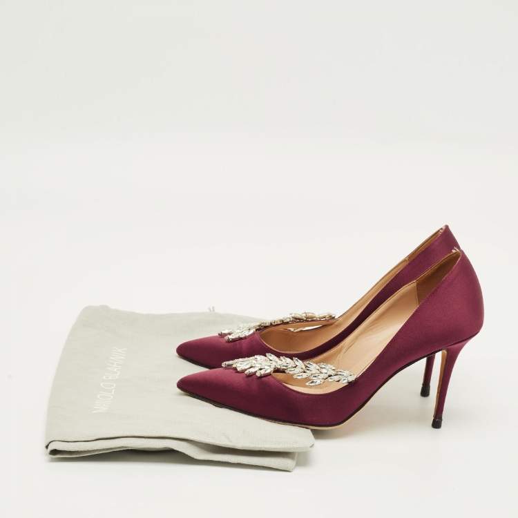 Pre Owned Manolo Blahnik Nadira Size 37 Burgundy Satin Crystal Embellished Pumps