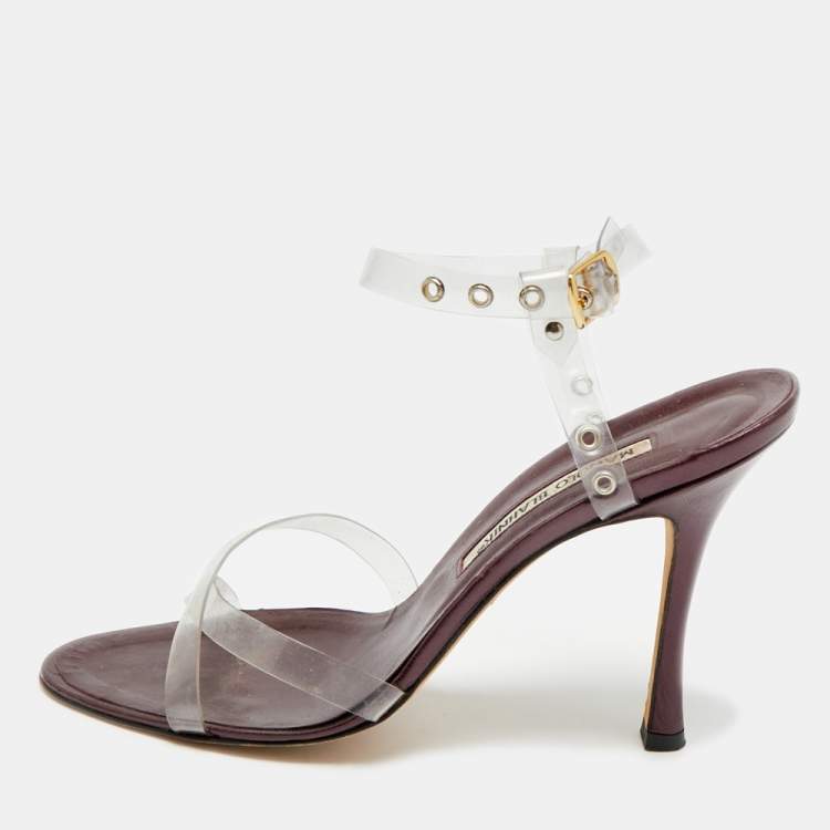 Pre Owned Manolo Blahnik Size 38.5 Transparent/Metallic Leather and PVC Ankle Strap Sandals