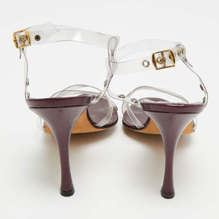 Pre Owned Manolo Blahnik Size 38.5 Transparent/Metallic Leather and PVC Ankle Strap Sandals