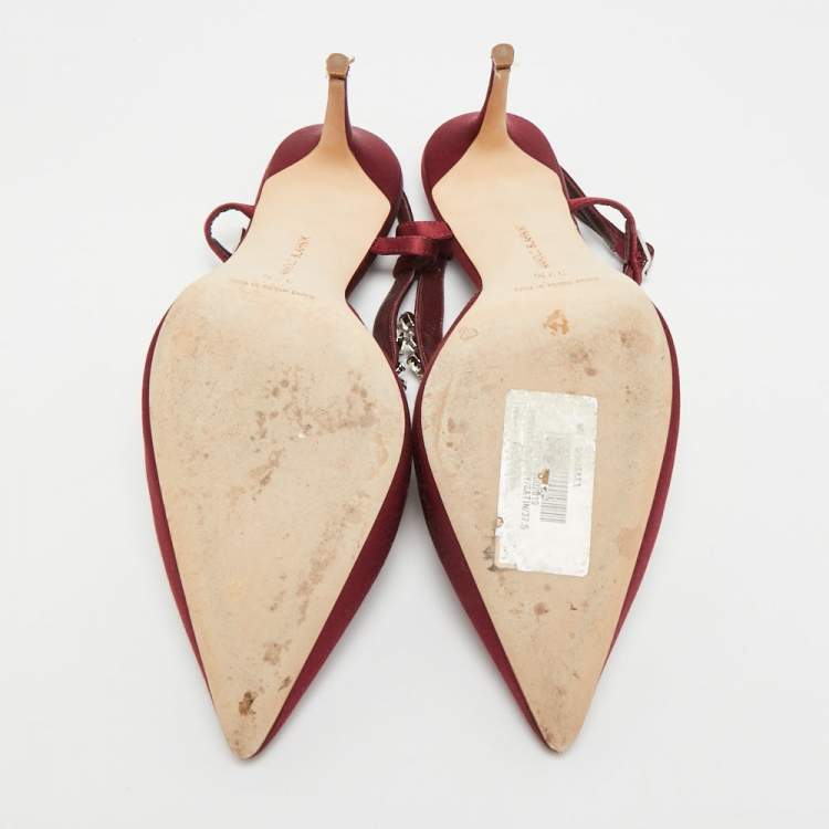 Pre Owned Manolo Blahnik Lurum Size 37.5 Burgundy Satin Crystal Embellished Pumps