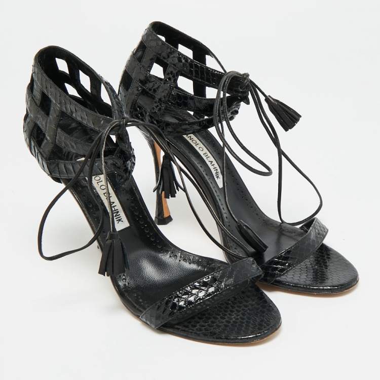 Pre Owned Manolo Blahnik Size 39 Black Python Leather Ankle Strap Sandals