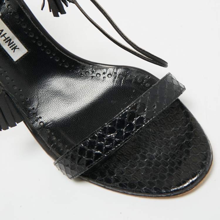 Pre Owned Manolo Blahnik Size 39 Black Python Leather Ankle Strap Sandals