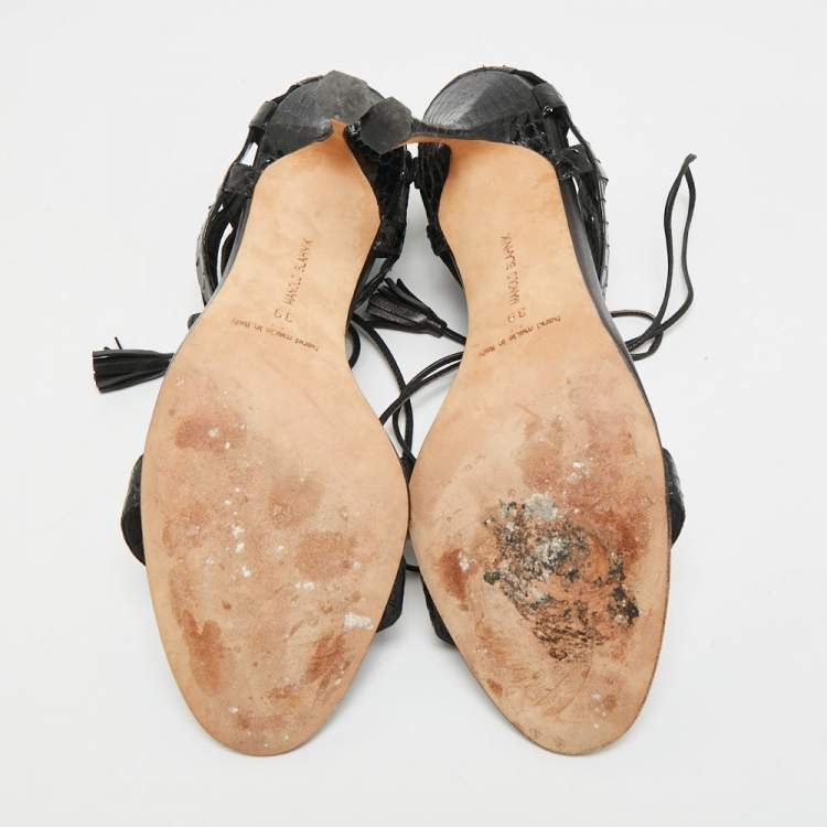 Pre Owned Manolo Blahnik Size 39 Black Python Leather Ankle Strap Sandals