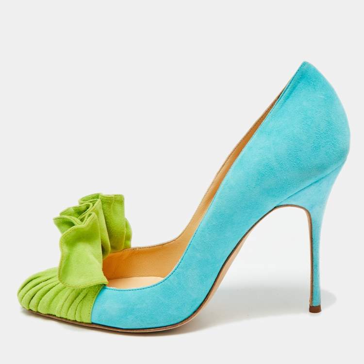 Pre Owned Manolo Blahnik Arleti Frill Size 40.5 Blue/Green Suede Pumps
