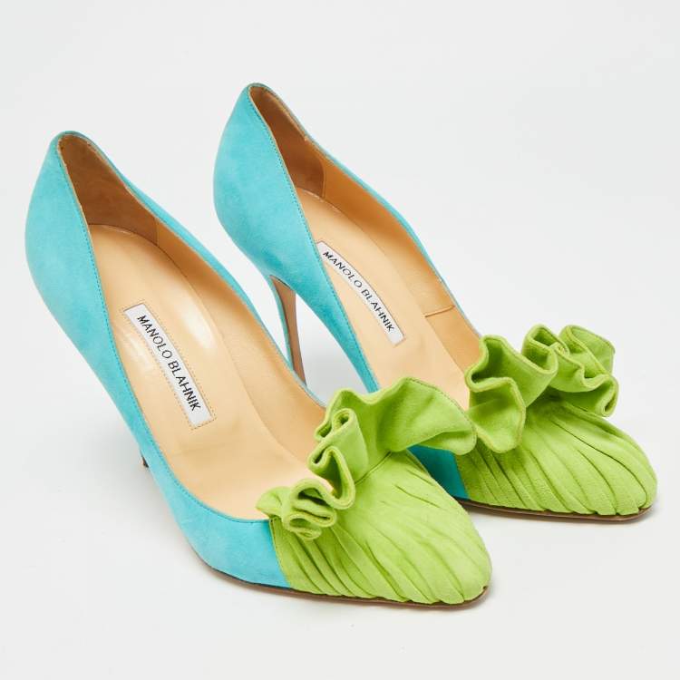 Pre Owned Manolo Blahnik Arleti Frill Size 40.5 Blue/Green Suede Pumps