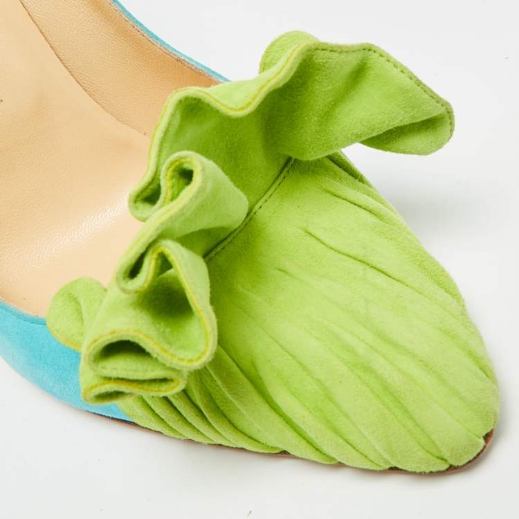 Pre Owned Manolo Blahnik Arleti Frill Size 40.5 Blue/Green Suede Pumps