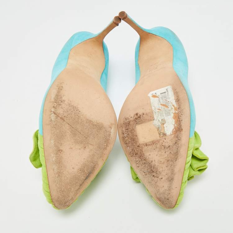 Pre Owned Manolo Blahnik Arleti Frill Size 40.5 Blue/Green Suede Pumps