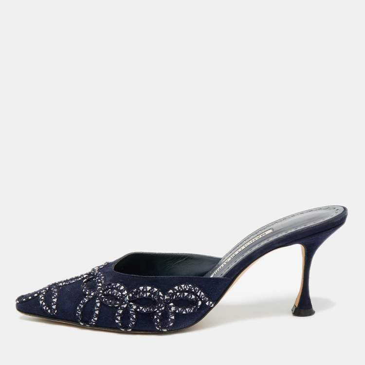 Pre Owned Manolo Blahnik Size 38.5 Navy Blue Suede Mules