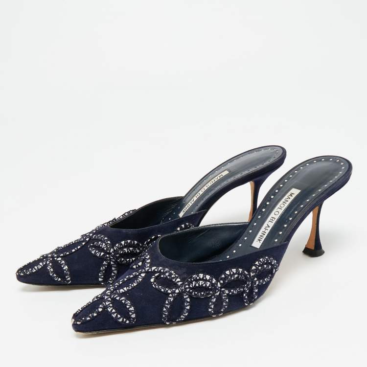Pre Owned Manolo Blahnik Size 38.5 Navy Blue Suede Mules