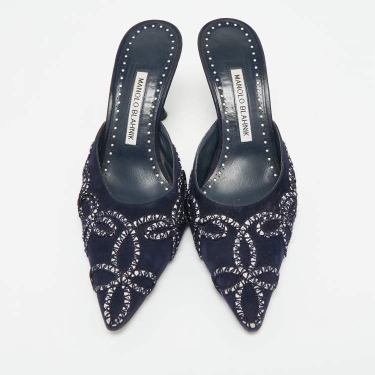 Pre Owned Manolo Blahnik Size 38.5 Navy Blue Suede Mules