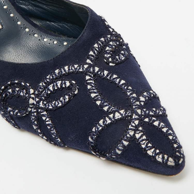 Pre Owned Manolo Blahnik Size 38.5 Navy Blue Suede Mules