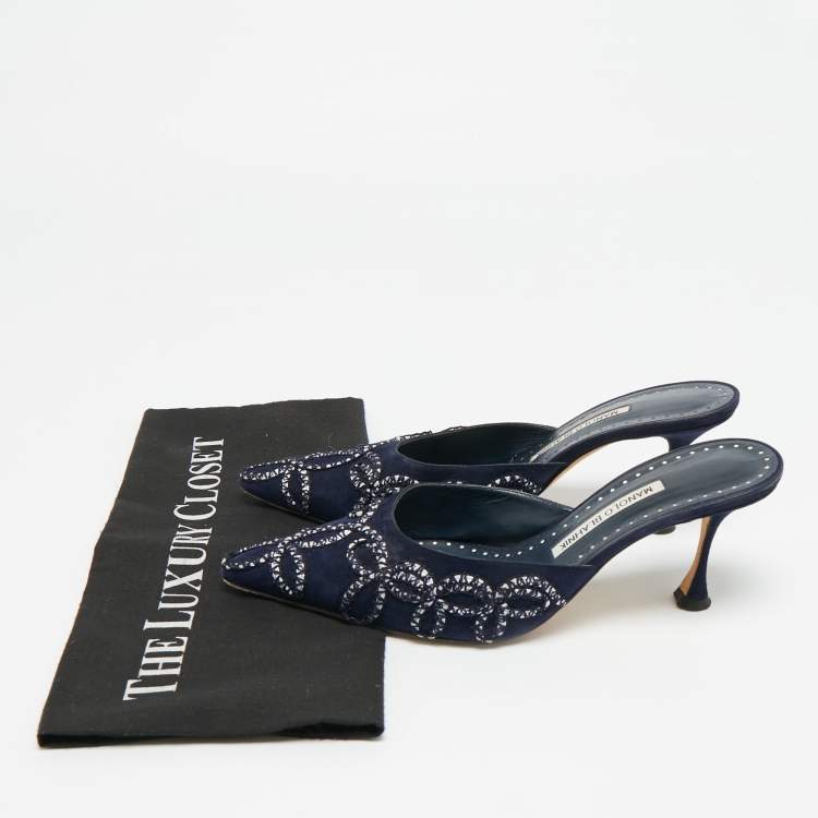 Pre Owned Manolo Blahnik Size 38.5 Navy Blue Suede Mules