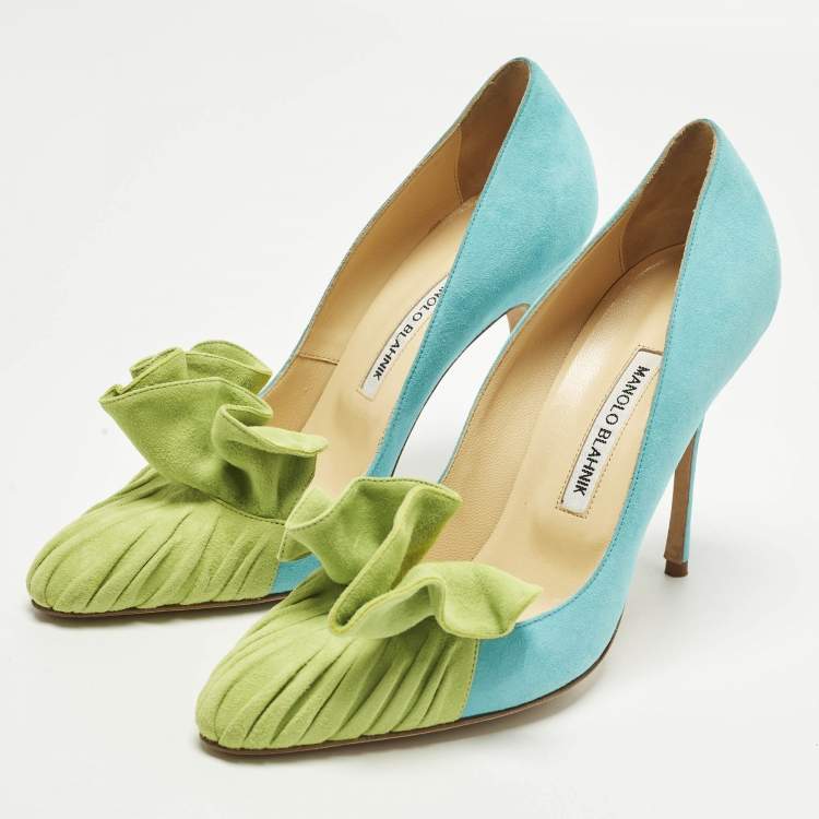 Pre Owned Manolo Blahnik Arleti Frill Size 40 Blue/Green Suede Pumps