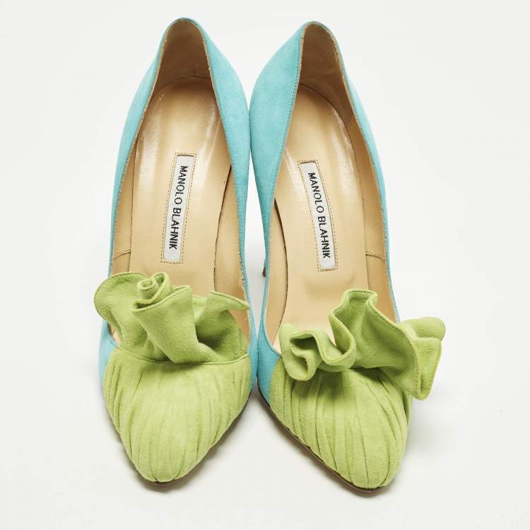 Pre Owned Manolo Blahnik Arleti Frill Size 40 Blue/Green Suede Pumps
