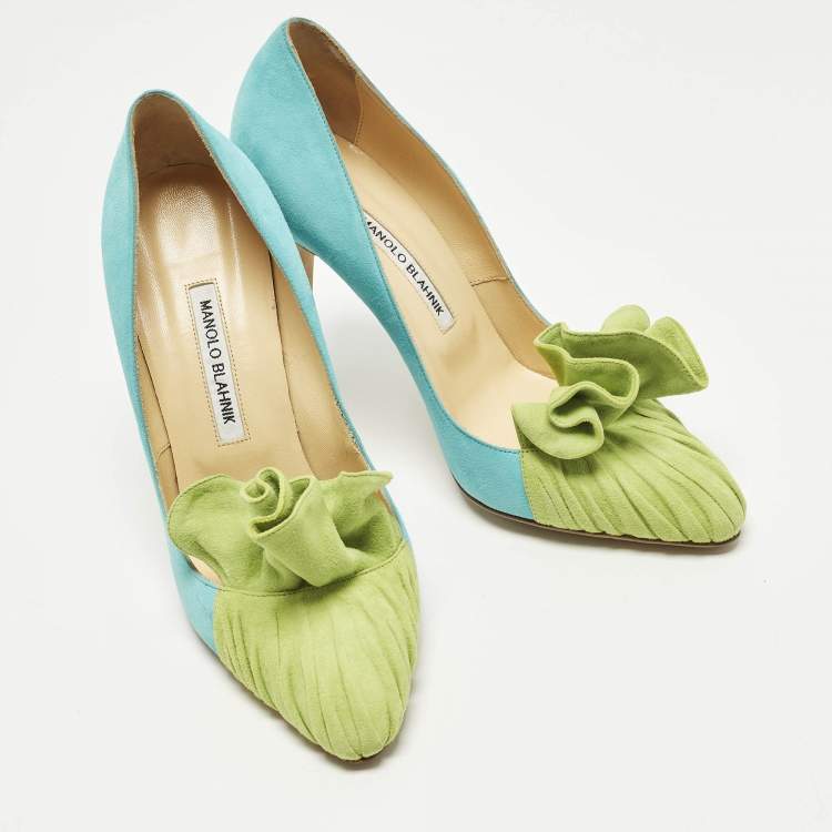 Pre Owned Manolo Blahnik Arleti Frill Size 40 Blue/Green Suede Pumps
