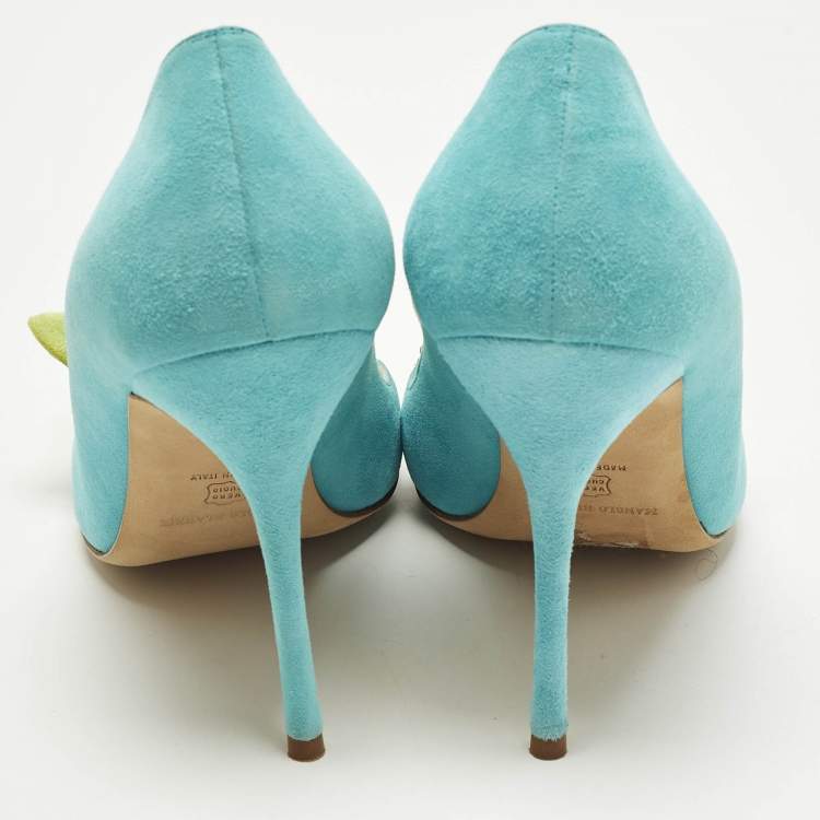 Pre Owned Manolo Blahnik Arleti Frill Size 40 Blue/Green Suede Pumps