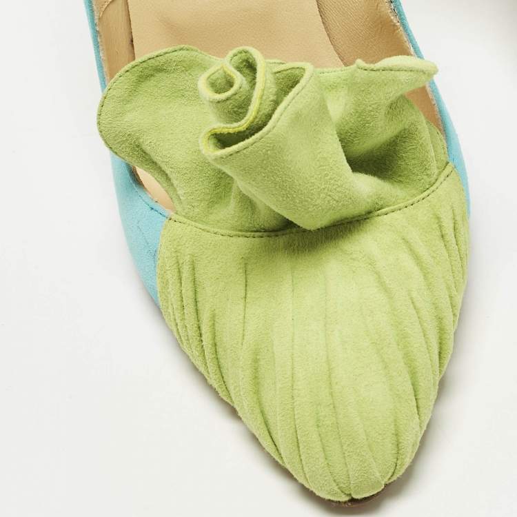 Pre Owned Manolo Blahnik Arleti Frill Size 40 Blue/Green Suede Pumps