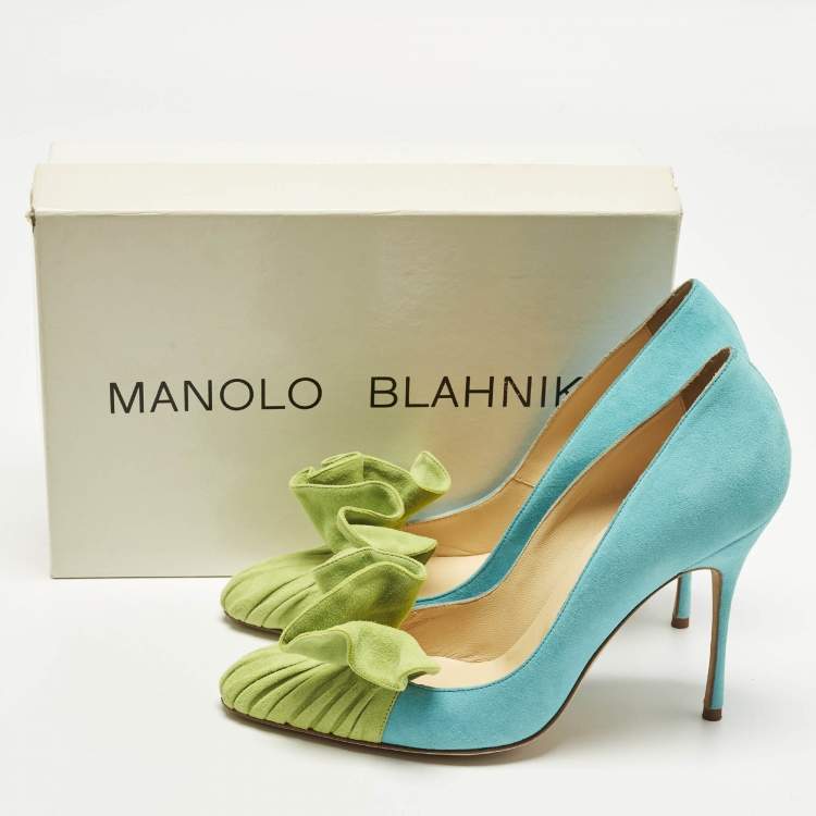 Pre Owned Manolo Blahnik Arleti Frill Size 40 Blue/Green Suede Pumps