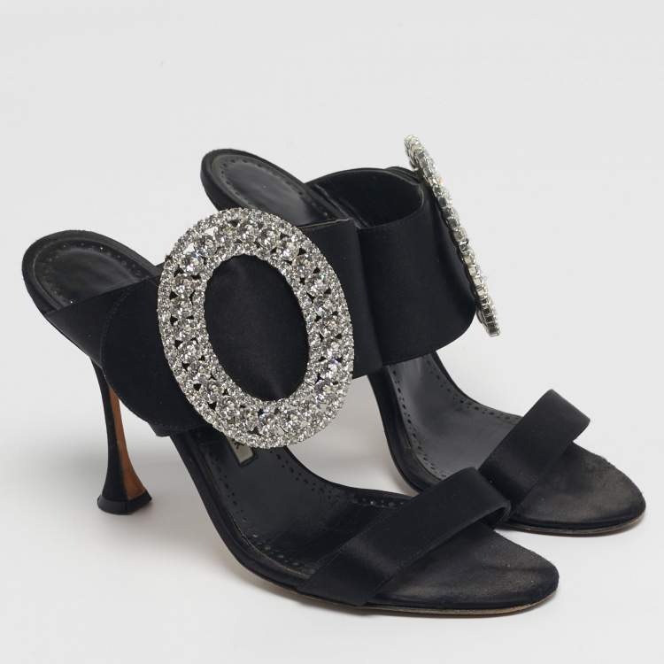 Pre Owned Manolo Blahnik Fibiona Size 37.5 Black Satin Crystal Embellished Slide Sandals