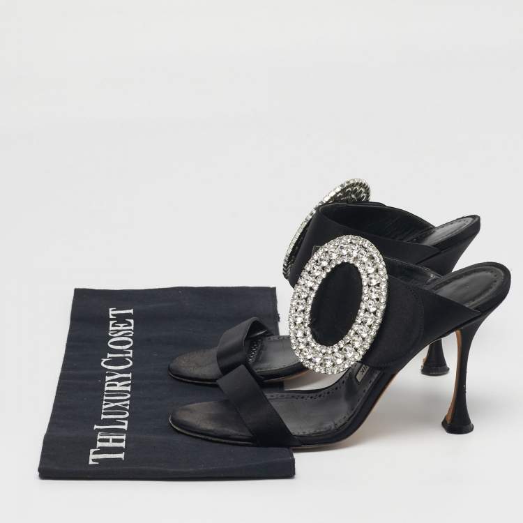 Pre Owned Manolo Blahnik Fibiona Size 37.5 Black Satin Crystal Embellished Slide Sandals