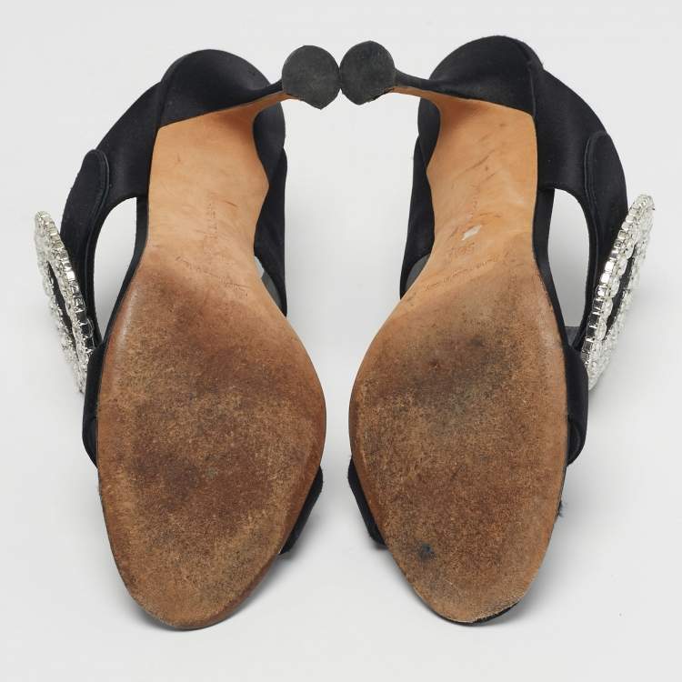 Pre Owned Manolo Blahnik Fibiona Size 37.5 Black Satin Crystal Embellished Slide Sandals