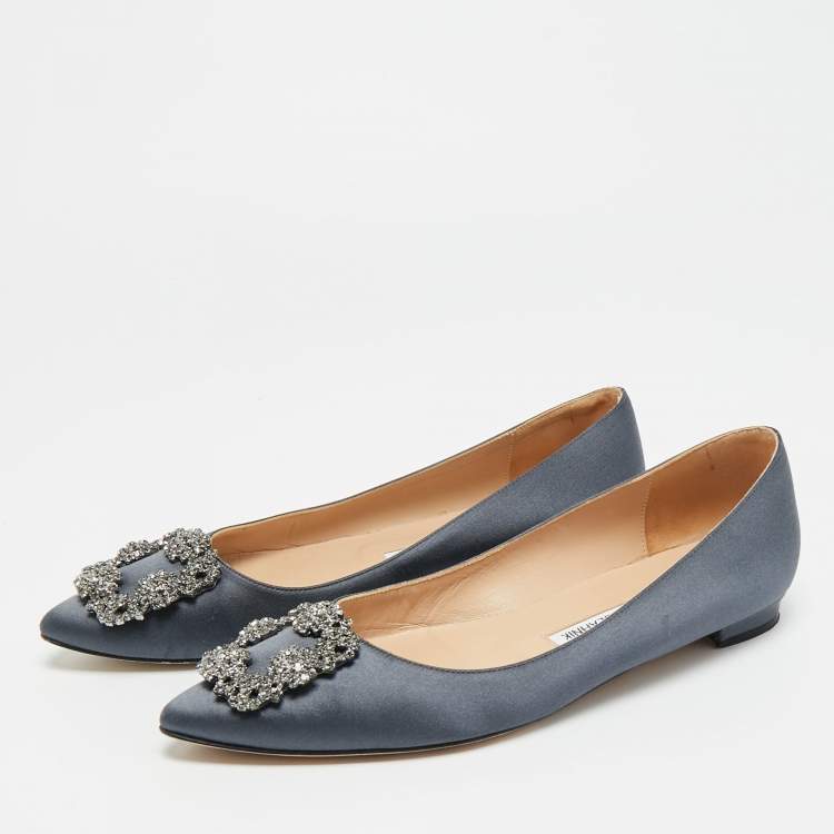 Pre Owned Manolo Blahnik Hangisi Size 38 Grey Satin Crystal Embellished Ballet Flats