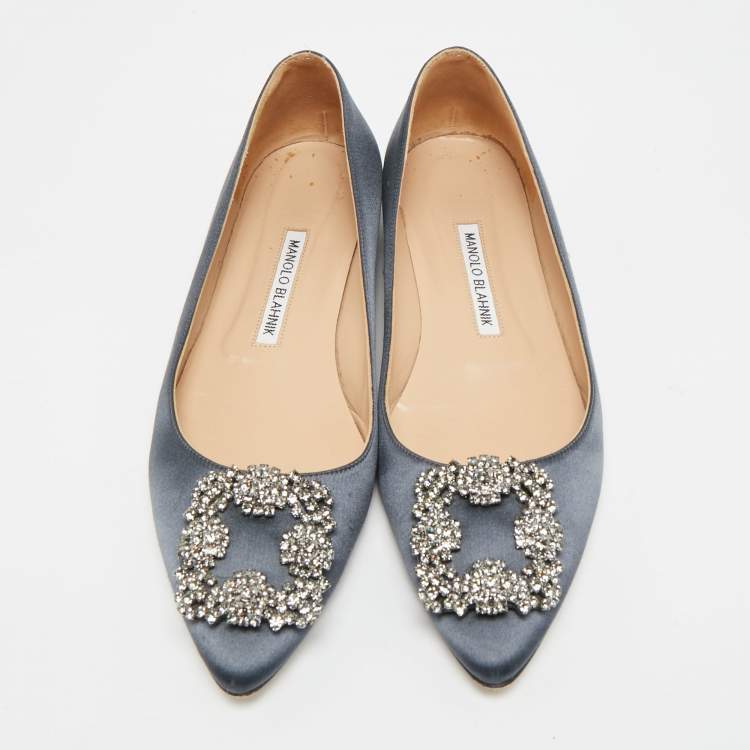Pre Owned Manolo Blahnik Hangisi Size 38 Grey Satin Crystal Embellished Ballet Flats