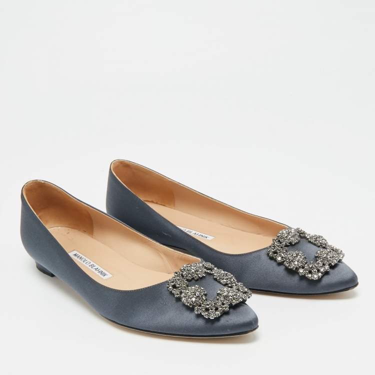 Pre Owned Manolo Blahnik Hangisi Size 38 Grey Satin Crystal Embellished Ballet Flats