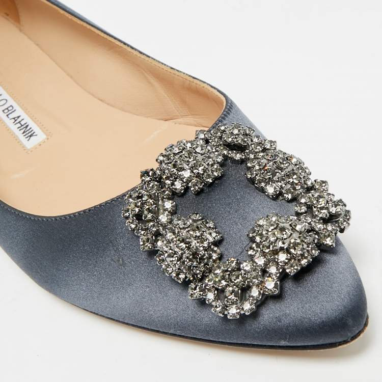 Pre Owned Manolo Blahnik Hangisi Size 38 Grey Satin Crystal Embellished Ballet Flats