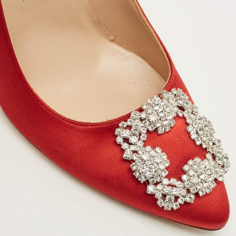 Pre Owned Manolo Blahnik Hangisi Size 38.5 Red Satin Pumps