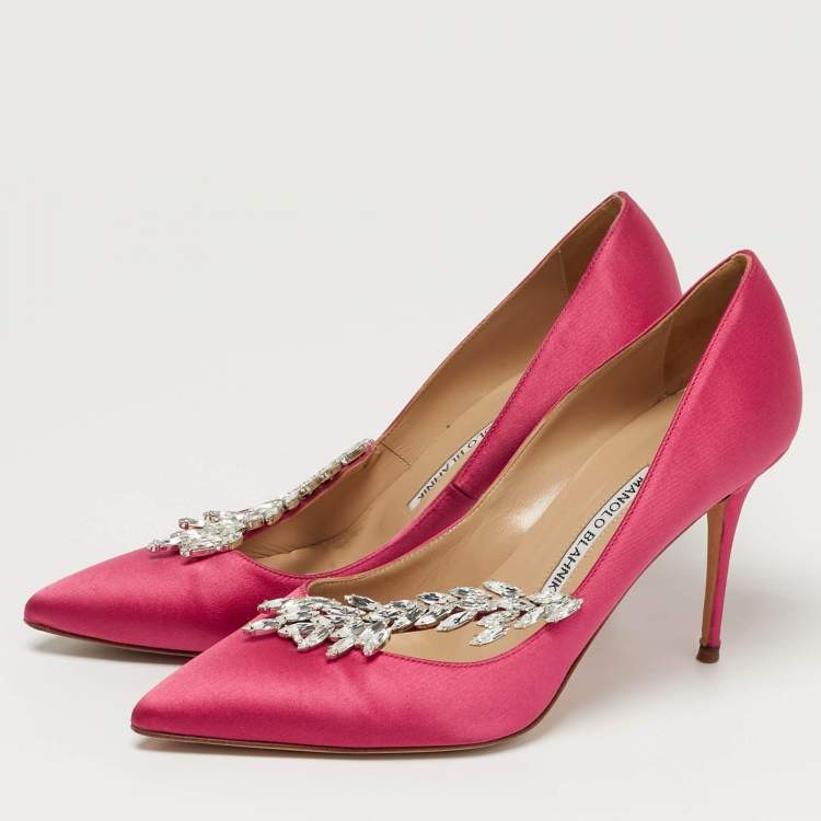 Pre Owned Manolo Blahnik Nadira Size 38.5 Pink Satin Jewel Embellished Pointed Toe Pumps