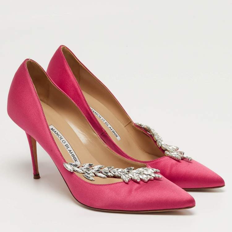 Pre Owned Manolo Blahnik Nadira Size 38.5 Pink Satin Jewel Embellished Pointed Toe Pumps