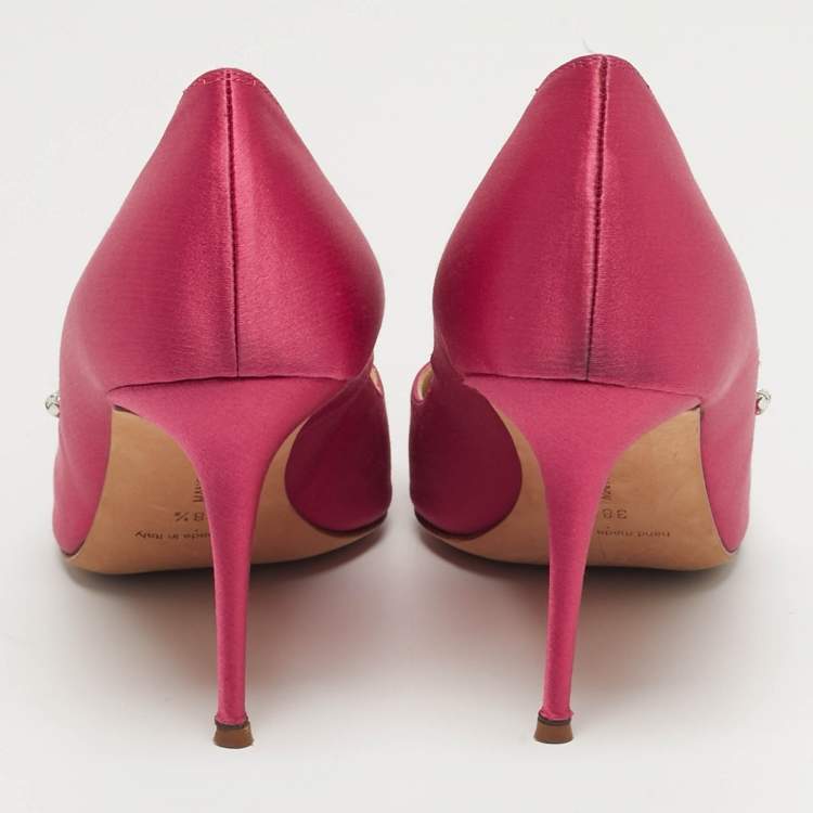 Pre Owned Manolo Blahnik Nadira Size 38.5 Pink Satin Jewel Embellished Pointed Toe Pumps