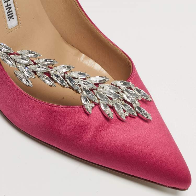 Pre Owned Manolo Blahnik Nadira Size 38.5 Pink Satin Jewel Embellished Pointed Toe Pumps