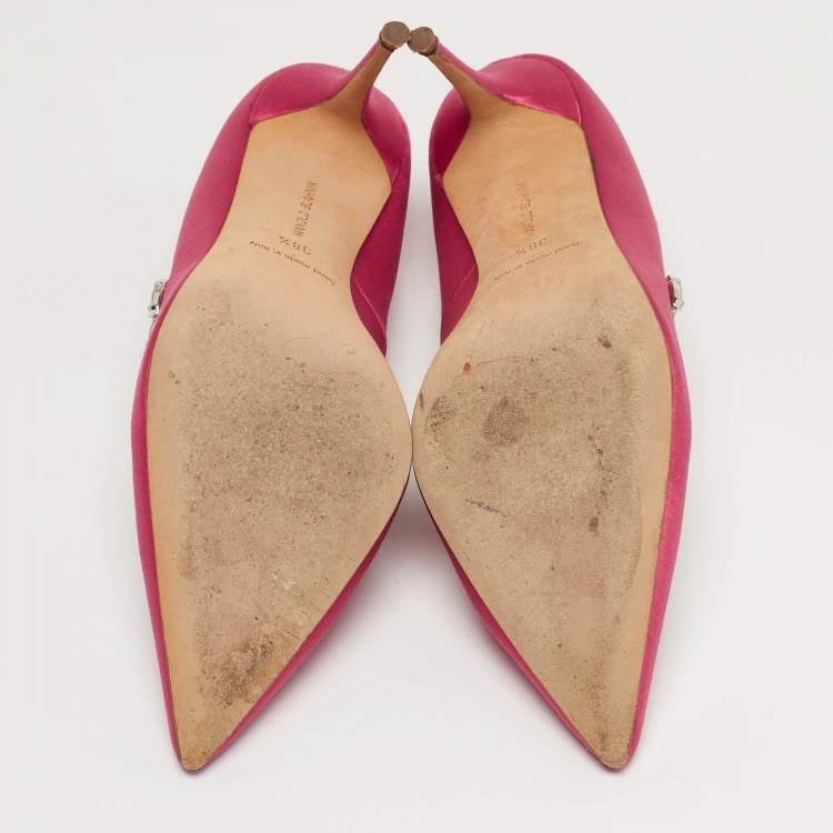 Pre Owned Manolo Blahnik Nadira Size 38.5 Pink Satin Jewel Embellished Pointed Toe Pumps