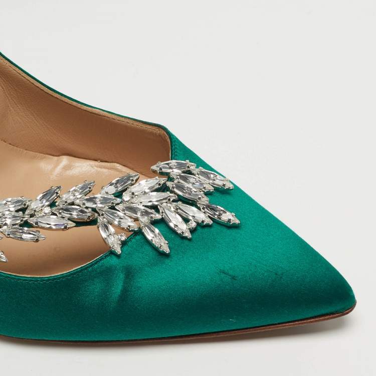 Pre Owned Manolo Blahnik Nadira Size 38.5 Green Satin Jewel Embellished Pointed Toe Pumps