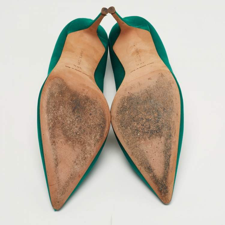 Pre Owned Manolo Blahnik Nadira Size 38.5 Green Satin Jewel Embellished Pointed Toe Pumps