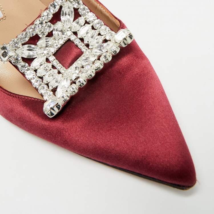 Pre Owned Manolo Blahnik Borlak Size 38.5 Burgundy Satin Crystal Embellished Pointed Toe Pumps