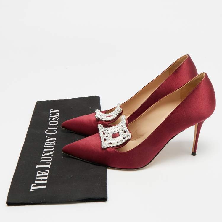 Pre Owned Manolo Blahnik Borlak Size 38.5 Burgundy Satin Crystal Embellished Pointed Toe Pumps